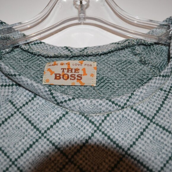THE BOSS Made with Love Green Square Lines Pattern Short Sleeves Blouse ~S /18.5 - Picture 2 of 8